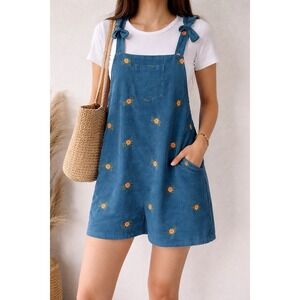 Cider Corduroy Floral Overall Dress Teal Blue Embroidered  XL NWT